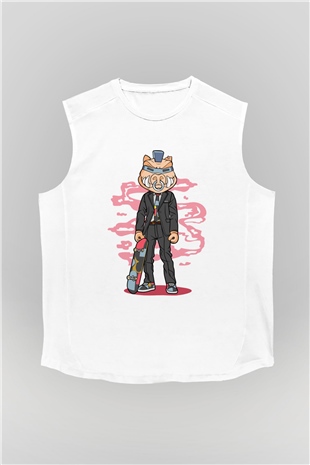 Bebop Skateboard Baskılı Unisex Beyaz Kolsuz Tişört