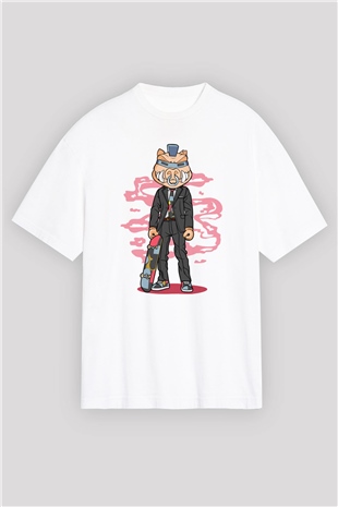 Bebop Skateboard Baskılı Unisex Beyaz Oversize Tişört