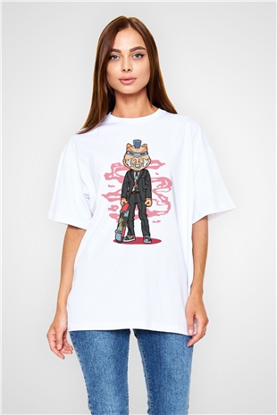 Bebop Skateboard Baskılı Unisex Beyaz Oversize Tişört