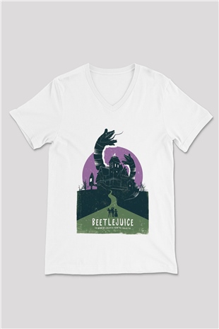 Beetlejuice Beterböcek Beyaz Unisex V Yaka Tişört