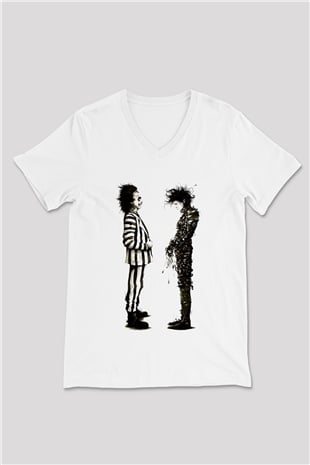 Beetlejuice Beterböcek Beyaz Unisex V Yaka Tişört
