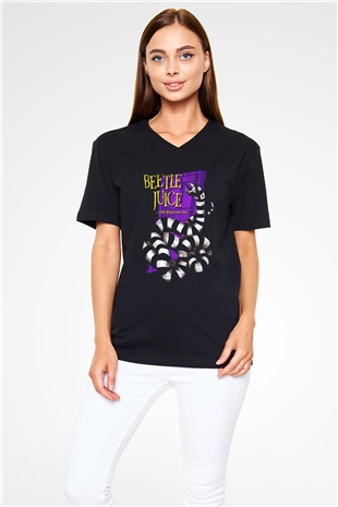 Beetlejuice Beterböcek Siyah Unisex V Yaka Tişört