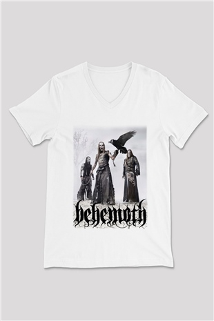 Behemoth Beyaz Unisex V Yaka Tişört T-Shirt