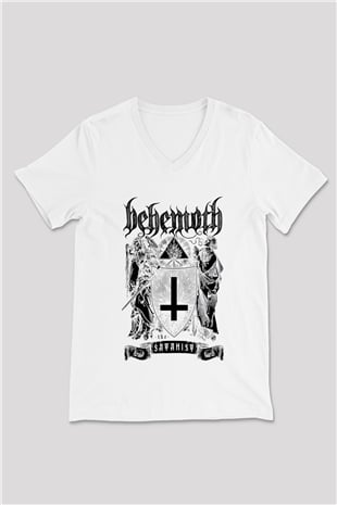 Behemoth Beyaz Unisex V Yaka Tişört T-Shirt
