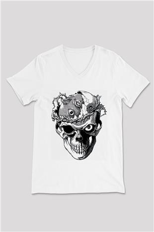 Beherit Baskılı Beyaz Unisex V Yaka Tişört - Tshirt