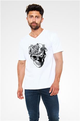 Beherit Baskılı Beyaz Unisex V Yaka Tişört - Tshirt