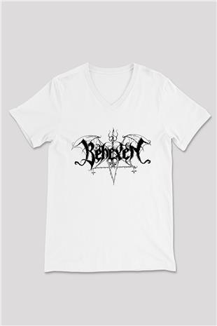 Behexen Baskılı Beyaz Unisex V Yaka Tişört - Tshirt