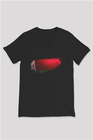 Belarus Bayrağı Baskılı Unisex Siyah V Yaka Tişört