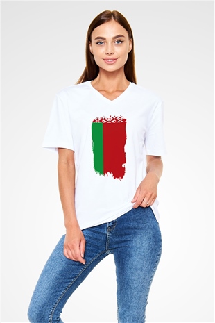 Belarus Beyaz Unisex V Yaka Tişört T-Shirt