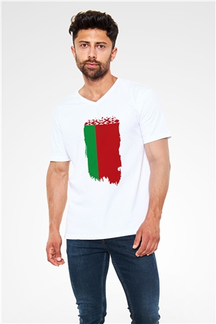 Belarus Beyaz Unisex V Yaka Tişört T-Shirt