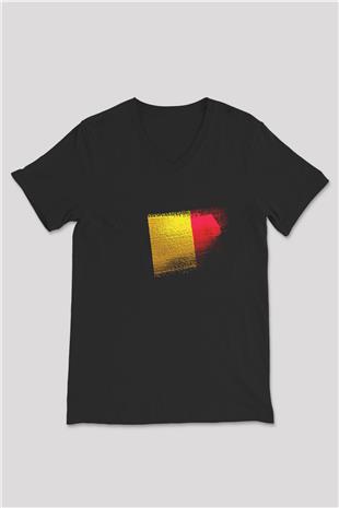 Belçika - Belgium Bayrağı Baskılı Unisex Siyah V Yaka Tişört