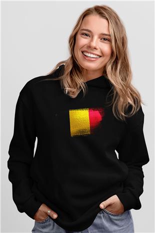 Belçika - Belgium Bayrağı Baskılı Unisex Siyah Hoodie