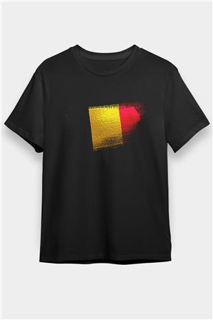 Belçika - Belgium Bayrağı Baskılı Unisex Siyah Tişört