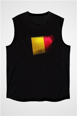 Belçika - Belgium Bayrağı Baskılı Unisex Siyah Kolsuz Tişört