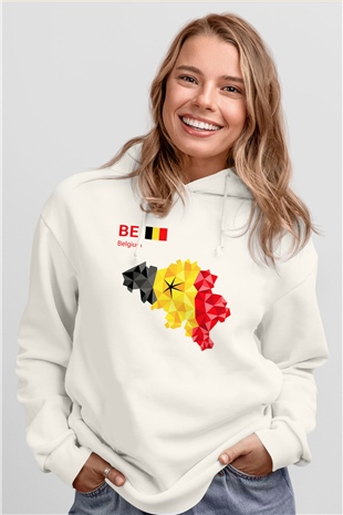 Belçika Beyaz Unisex Kapşonlu Sweatshirt