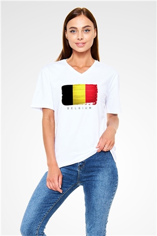 Belçika Beyaz Unisex V Yaka Tişört