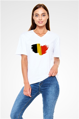 Belçika Beyaz Unisex V Yaka Tişört T-Shirt
