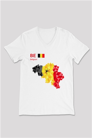 Belçika Beyaz Unisex V Yaka Tişört T-Shirt
