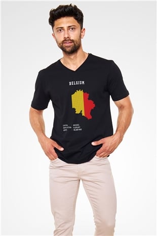 Belçika Siyah Unisex V Yaka Tişört