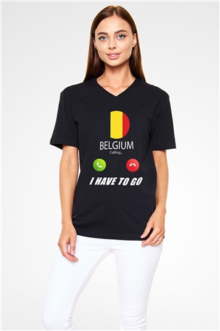 Belçika Siyah Unisex V Yaka Tişört