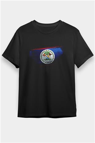Belize Bayrağı Baskılı Unisex Siyah Tişört