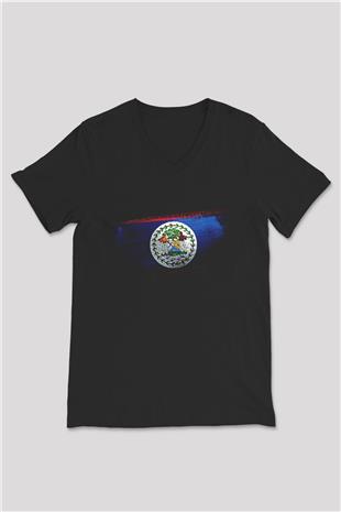 Belize Bayrağı Baskılı Unisex Siyah V Yaka Tişört