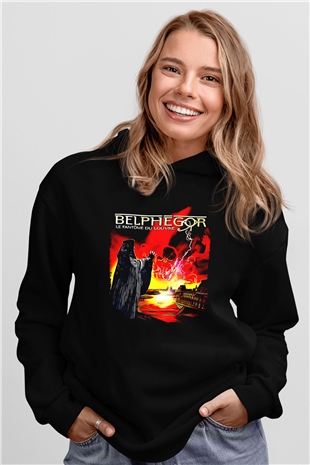 Belphegor Baskılı Unisex Siyah Kapüşonlu Sweatshirt