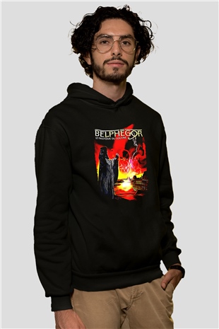 Belphegor Baskılı Unisex Siyah Kapüşonlu Sweatshirt
