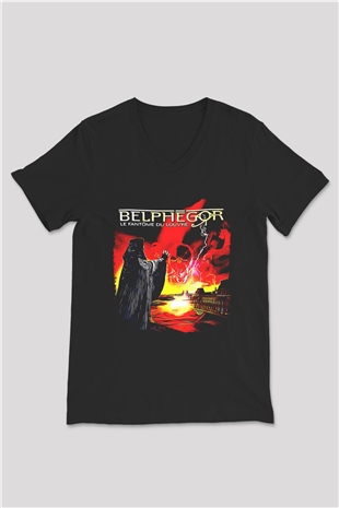 Belphegor Baskılı Unisex Siyah V Yaka Tişört - Tshirt