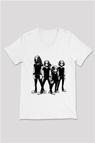 Belzebubs Baskılı Beyaz Unisex V Yaka Tişört - Tshirt