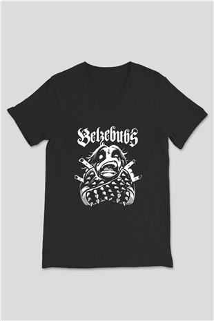 Belzebubs Baskılı Unisex Siyah V Yaka Tişört - Tshirt