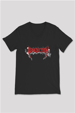 Benediction Siyah Unisex V Yaka Tişört T-Shirt
