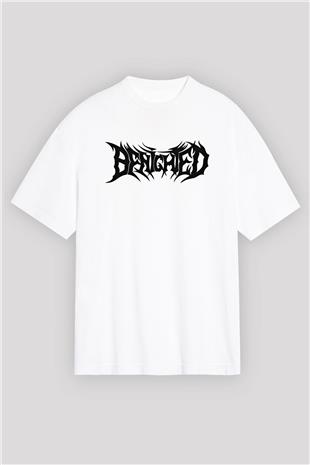 Benighted Baskılı Beyaz Unisex Oversize Tişört - Tshirt
