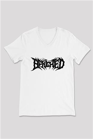 Benighted Baskılı Beyaz Unisex V Yaka Tişört - Tshirt