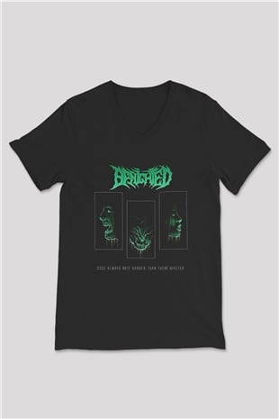 Benighted Baskılı Unisex Siyah V Yaka Tişört - Tshirt