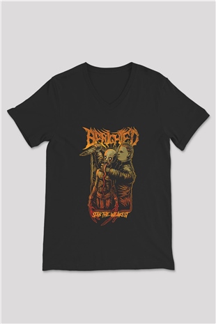 Benighted Baskılı Unisex Siyah V Yaka Tişört - Tshirt