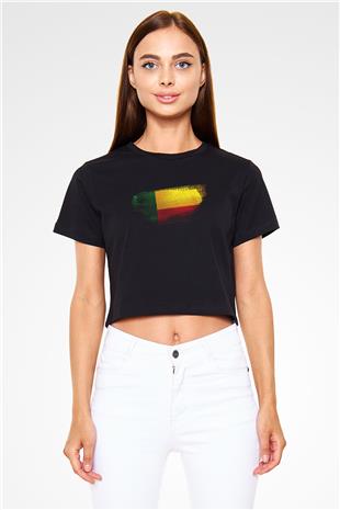 Benin Bayrağı Baskılı Kadın Crop Top Siyah Tişört