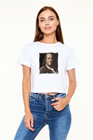Benjamin Franklin Baskılı Beyaz Kadın Crop Top Tişört