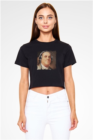 Benjamin Franklin Baskılı Siyah Kadın Crop Top Tişört