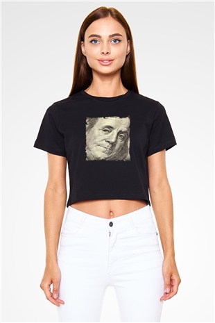 Benjamin Franklin Baskılı Siyah Kadın Crop Top Tişört
