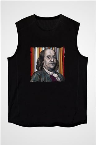 Benjamin Franklin Baskılı Unisex Siyah Kolsuz Tişört