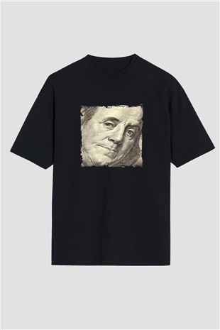 Benjamin Franklin Baskılı Unisex Siyah Oversize Tişört