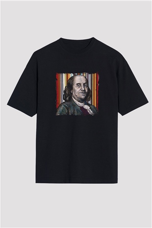 Benjamin Franklin Baskılı Unisex Siyah Oversize Tişört