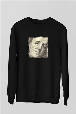Benjamin Franklin Baskılı Unisex Siyah Sweatshirt