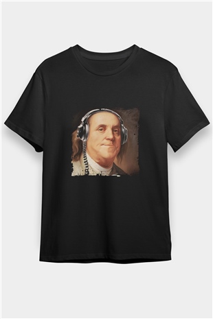 Benjamin Franklin Baskılı Unisex Siyah Tişört