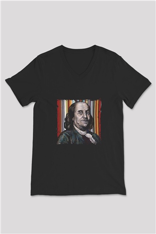 Benjamin Franklin Baskılı Unisex Siyah V Yaka Tişört