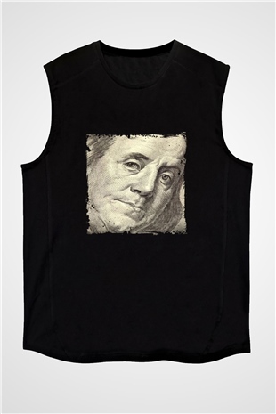 Benjamin Franklin Baskılı Unisex Siyah Kolsuz Tişört