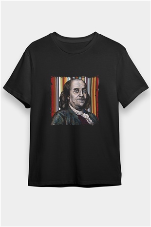 Benjamin Franklin Baskılı Unisex Siyah Tişört