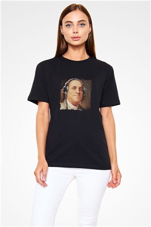 Benjamin Franklin Baskılı Unisex Siyah Tişört