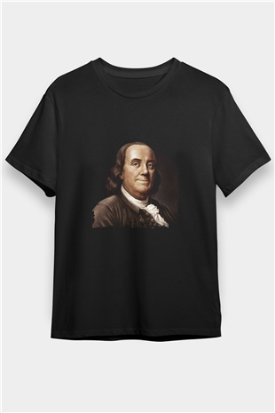 Benjamin Franklin Baskılı Unisex Siyah Tişört